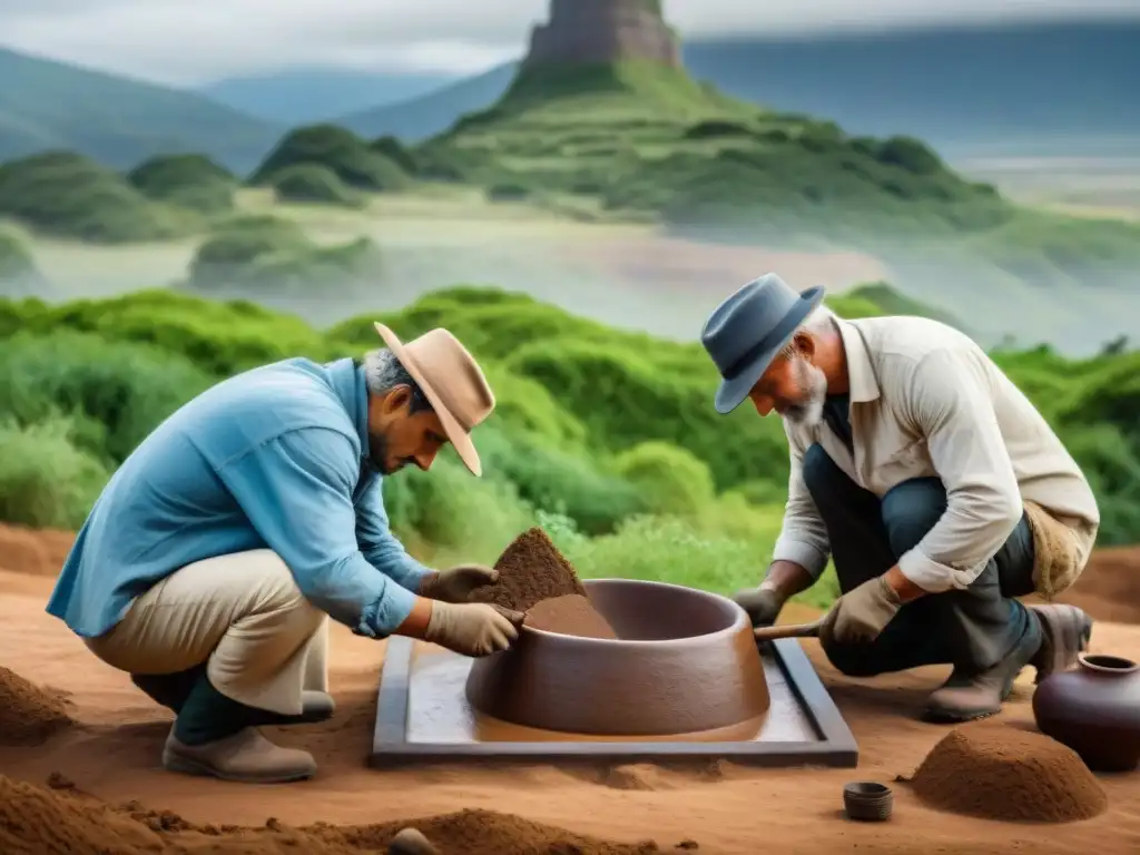 Excavación de artefactos antiguos en Cerro Largo: detalle y concentración Arqueólogos excavando artefactos antiguos en la base de Cerro Largo en Uruguay