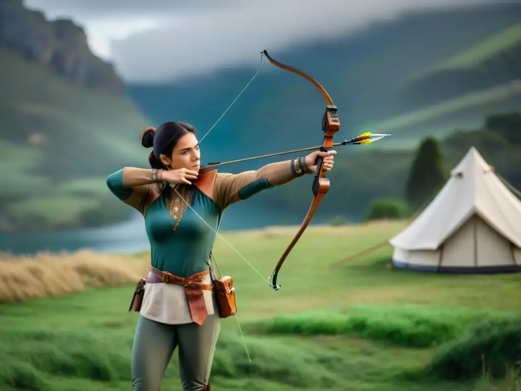 Arquero experto en Uruguay: precisión y enfoque en la naturaleza Un arquero concentrado practicando tiro con arco en un camping de Uruguay
