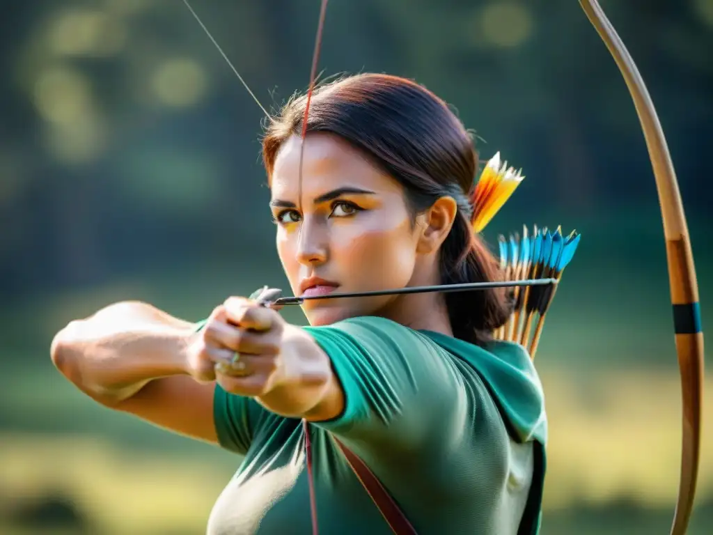 Arquero experto en acción en Uruguay: concentración y determinación Arquero concentrado en tiro con arco en campings Uruguay, mostrando determinación y confianza en la flecha