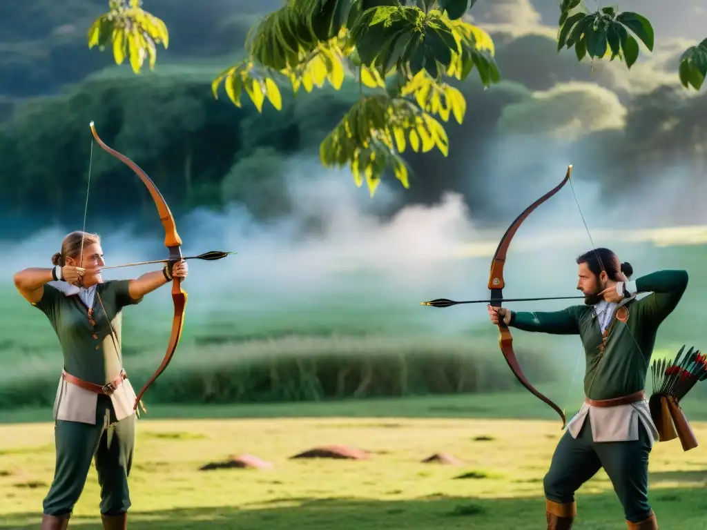 Arqueros en acción: precisión y camaradería en campings de Uruguay Arqueros practicando tiro con arco en campings de Uruguay, rodeados de naturaleza y camaradería