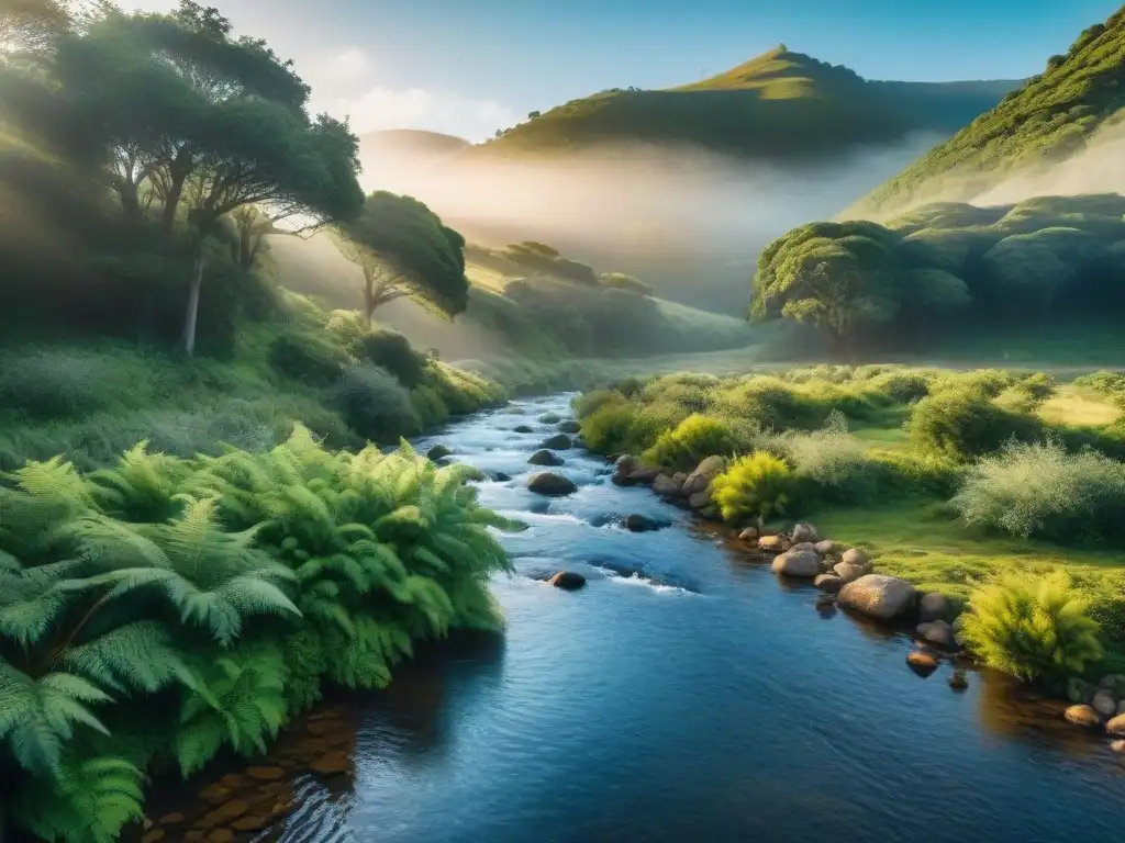 Arroyo cristalino en la naturaleza de Uruguay: belleza y filtración de agua Un arroyo cristalino fluye entre exuberante vegetación en el campo de Uruguay, resaltando la filtración de agua para acampar