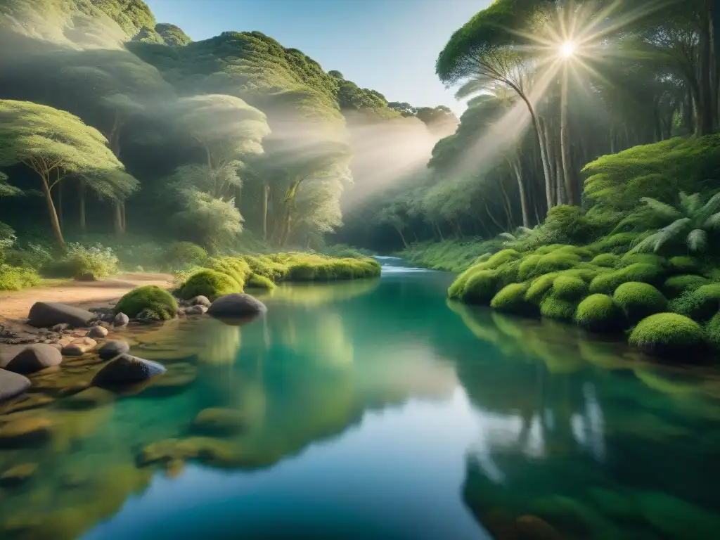 Arroyo cristalino en bosque uruguayo: reflejos de pureza y tranquilidad Un arroyo cristalino fluye suavemente en un frondoso bosque de Uruguay