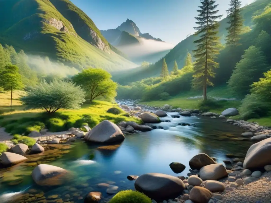 Arroyo de montaña cristalino en entorno natural Arroyo de montaña cristalino rodeado de vegetación exuberante y una tienda de camping, ideal para filtración de agua para camping