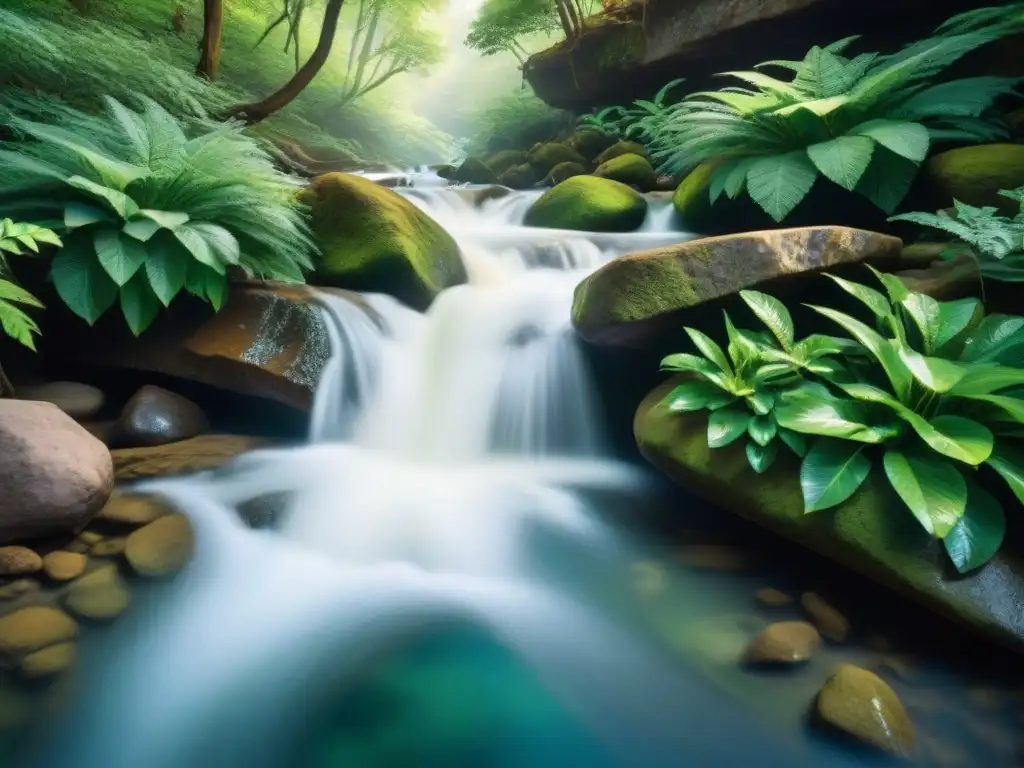 Arroyo sereno: agua cristalina y verdor exuberante Arroyo sereno en el bosque con agua cristalina, rodeado de vegetación exuberante y luz filtrando a través del dosel