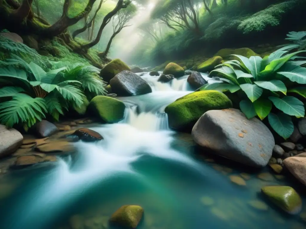 Arroyo sereno en Uruguay: naturaleza pura Arroyo sereno en Uruguay, agua cristalina fluyendo entre rocas con vegetación exuberante