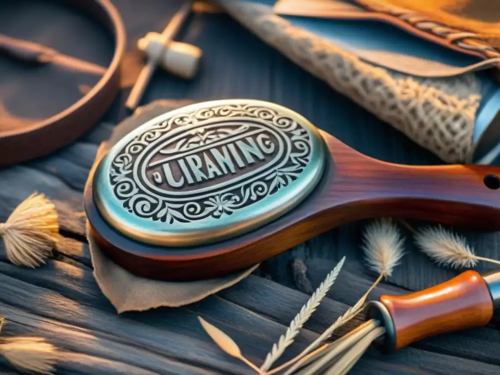 Reliquia ancestral: detalle grabado en utensilio de cocina de madera, evocando historia y aventura en Uruguay Artefacto de camping antiguo en Uruguay con grabados detallados en madera envejecida, rodeado de herramientas arqueológicas y mochila de cuero gastada