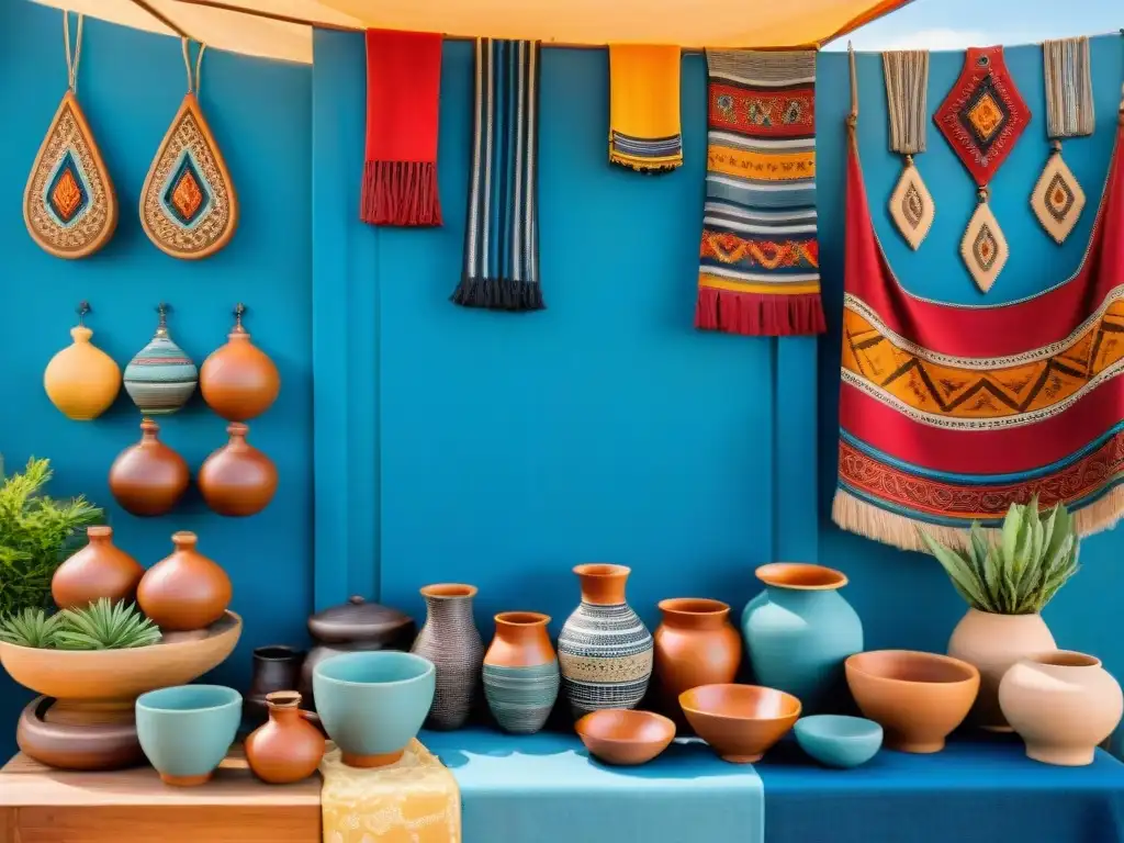 Artesanías uruguayas: colores y tradición en Cerro Verde Artesanías uruguayas en Cerro Verde: textiles coloridos, cerámica y joyería de plata en un mercado al aire libre, rodeado de naturaleza