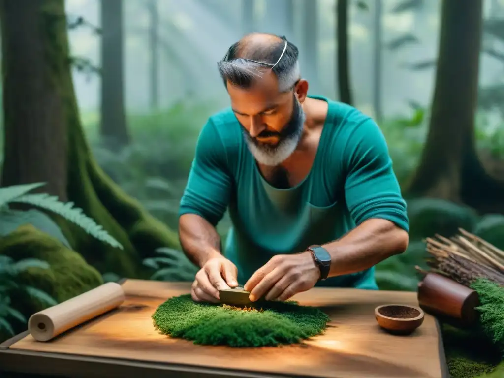 Artesano de bushcraft tallando herramienta de supervivencia en el bosque Artesano de bushcraft tallando herramienta de supervivencia en bosque denso