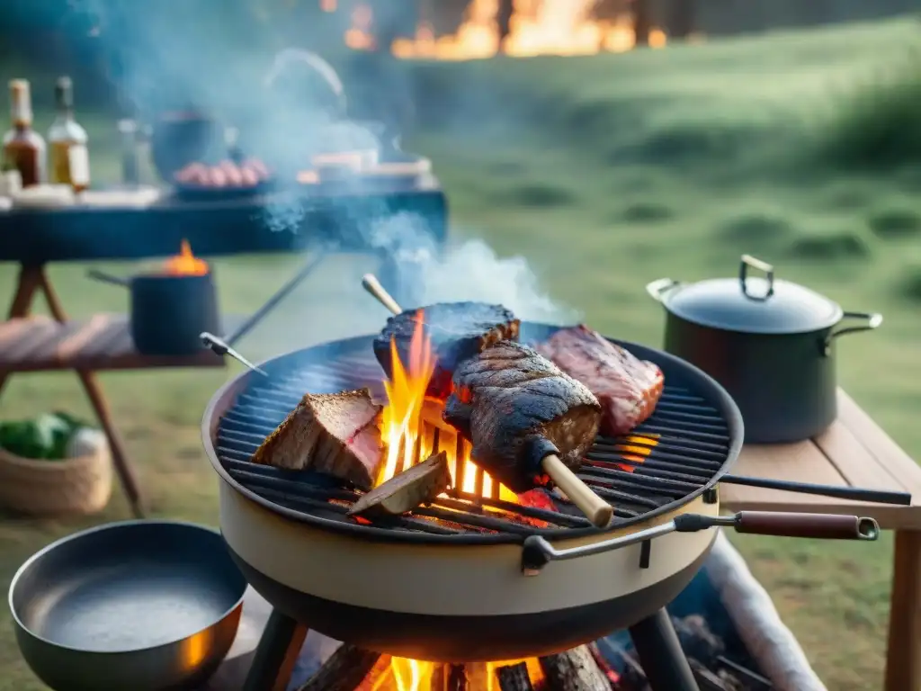 Delicioso asado uruguayo al aire libre Un asado tradicional uruguayo cocinando al aire libre en un entorno de camping pintoresco