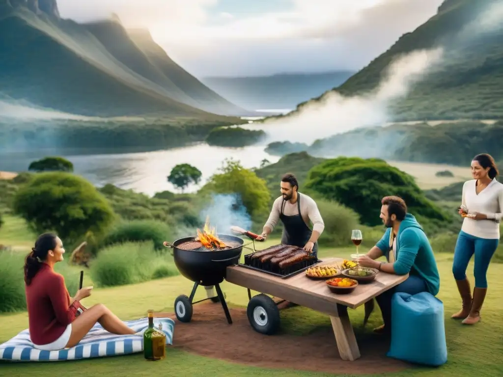 Campamento multicultural: Asado uruguayo en la naturaleza Un asado tradicional uruguayo en un campamento, donde la diversidad y la naturaleza se mezclan en equilibrio