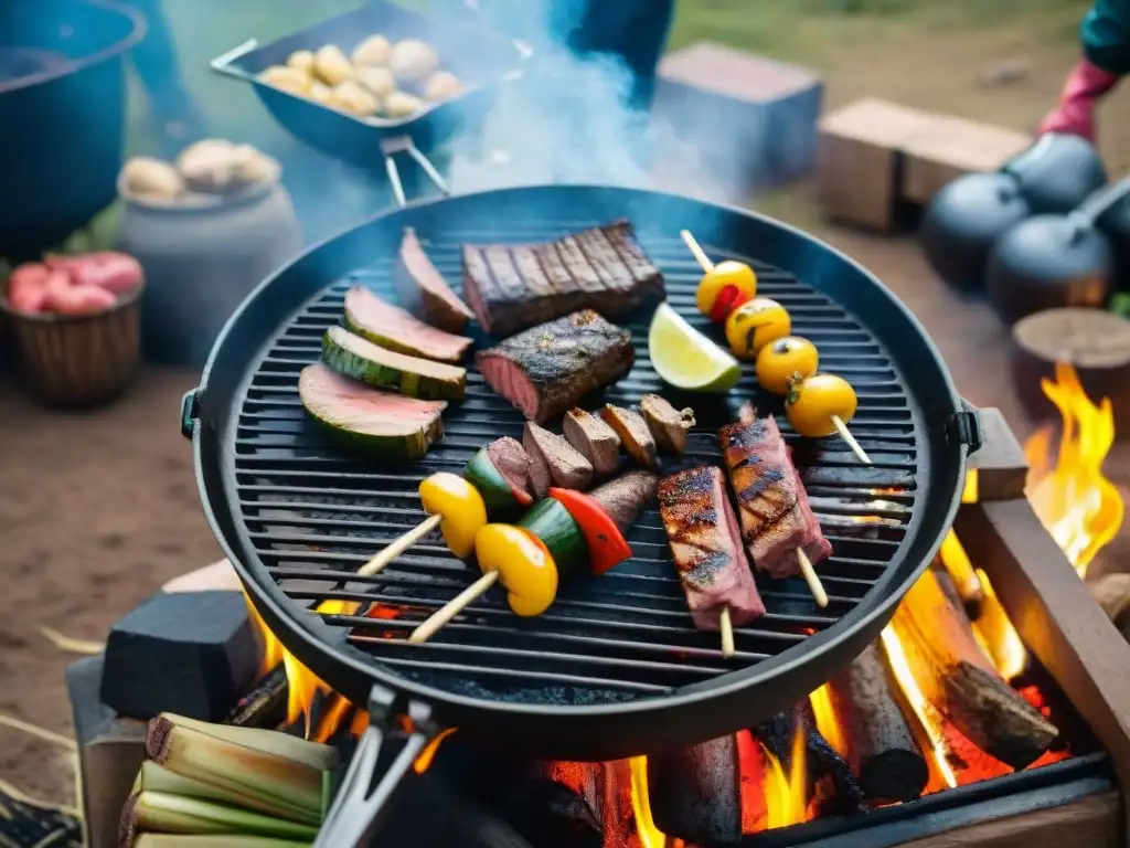 Auténtico asado uruguayo al aire libre con amigos y familia Disfrutando de un asado uruguayo en camping con amigos y familia, con las mejores especias para cocina camping