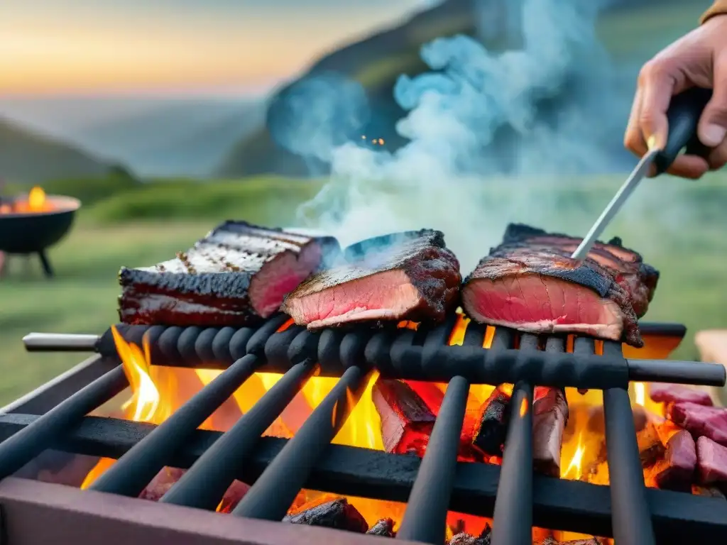 Experiencia auténtica: Asado uruguayo en medio de la naturaleza Un asado uruguayo tradicional se prepara en un camping, mostrando gastronomía típica y belleza natural