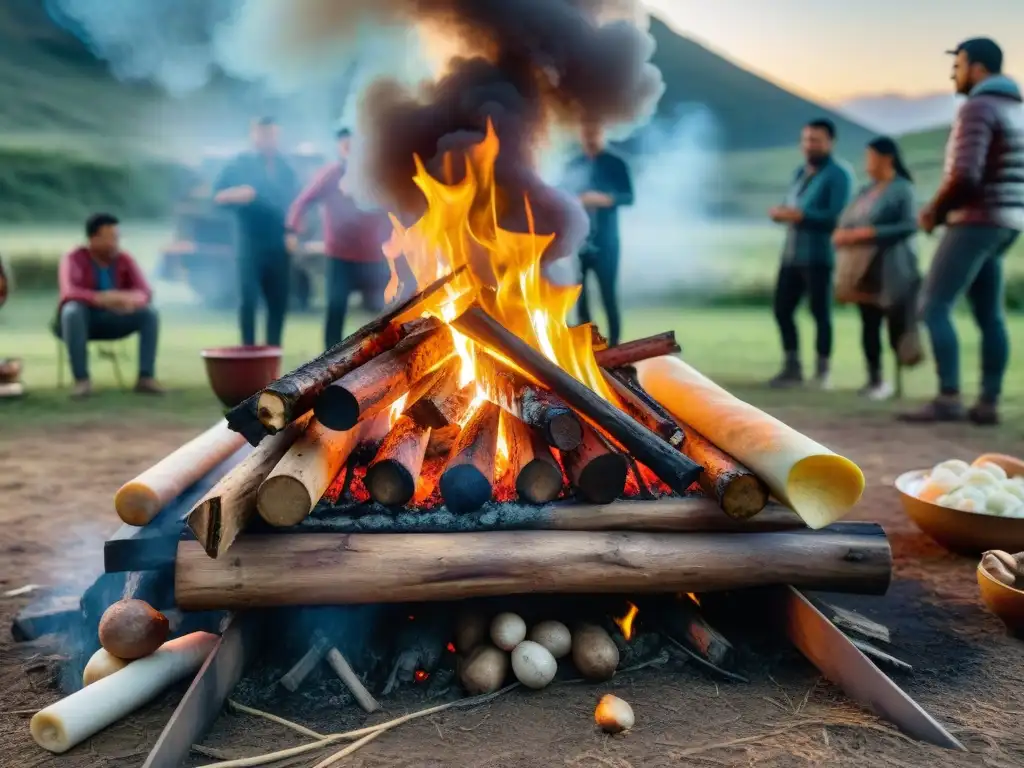 Asado uruguayo: unión alrededor del fuego Un asado uruguayo tradicional en un camping, reuniendo a personas diversas alrededor de una fogata
