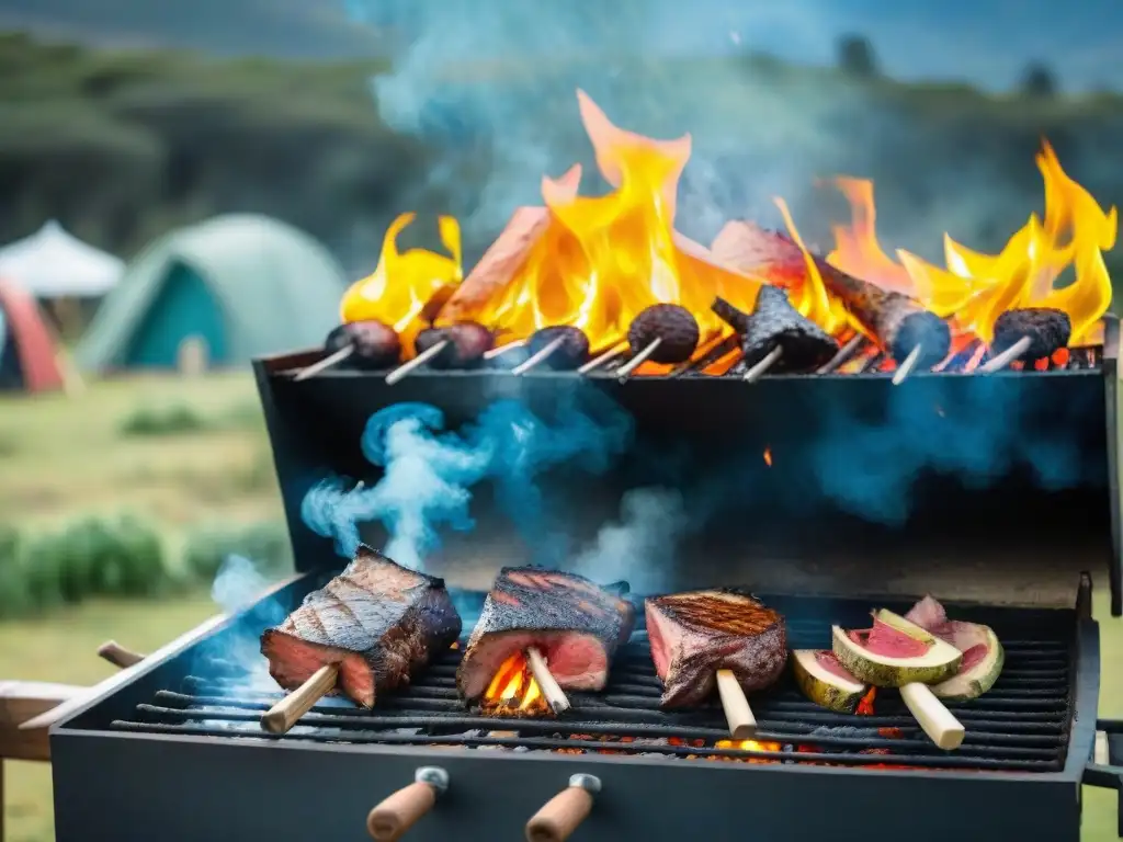 Asado uruguayo en la naturaleza: tradición y camaradería Un asado uruguayo tradicional se celebra en un camping en Uruguay: Paquetes aventura