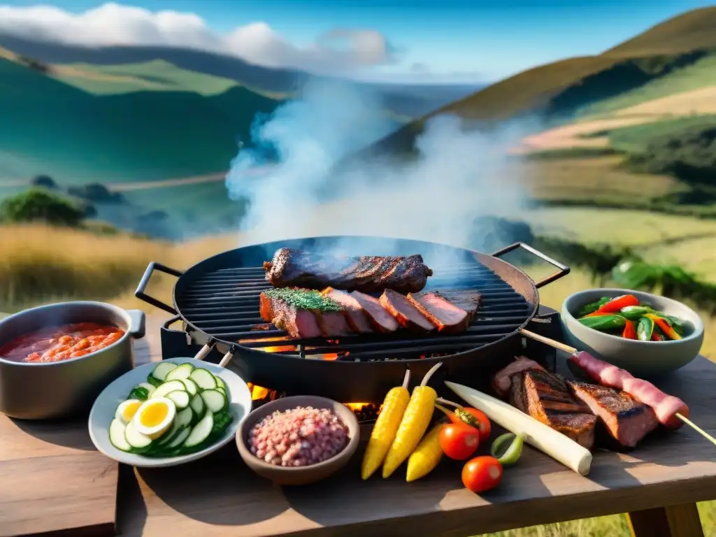 Delicioso asado uruguayo al aire libre con paisaje campestre Un asado uruguayo tradicional en un camping: carnes locales en la parrilla, chimichurri y verduras frescas
