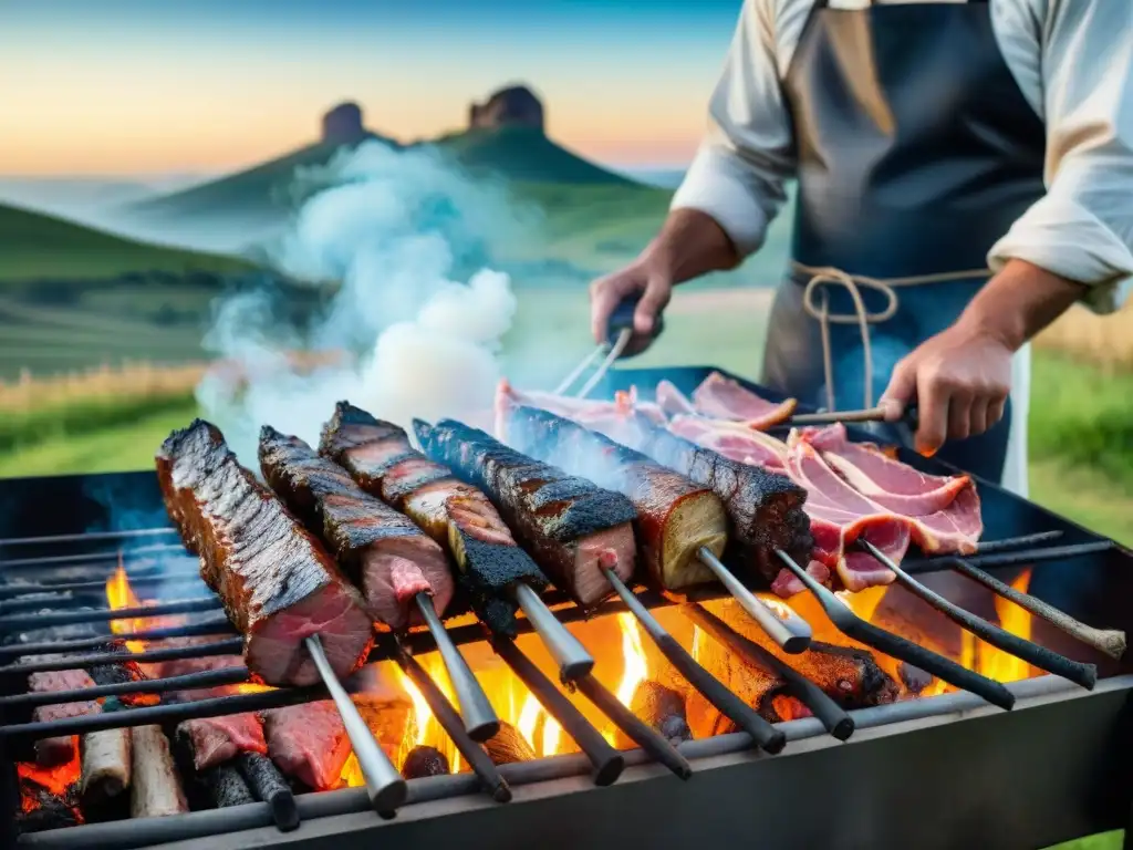 Delicioso asado uruguayo al aire libre: tradición y sabor campestre Un asado uruguayo tradicional cocinado al aire libre en una parrilla rústica, rodeado de cortes de carne variados sobre brasas ardientes