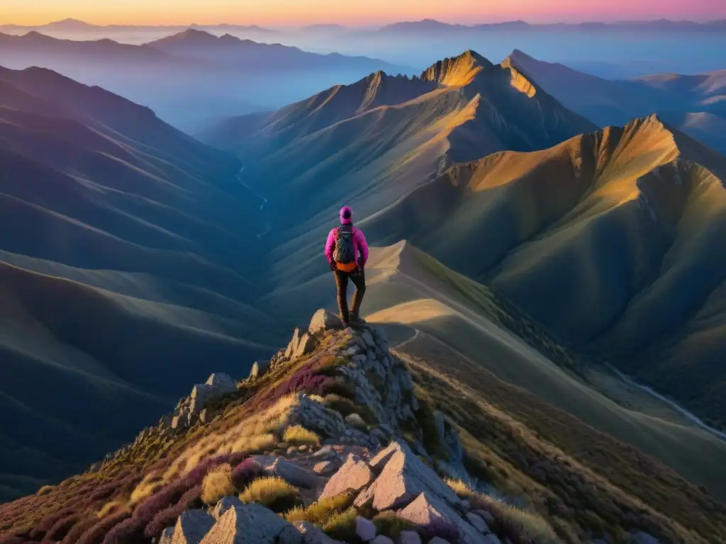 Explorador al amanecer en Sierra de las Ánimas Ascenso a Sierra de las Ánimas: Aventurero contempla la majestuosidad de la montaña al amanecer, bajo un cielo de tonos vibrantes