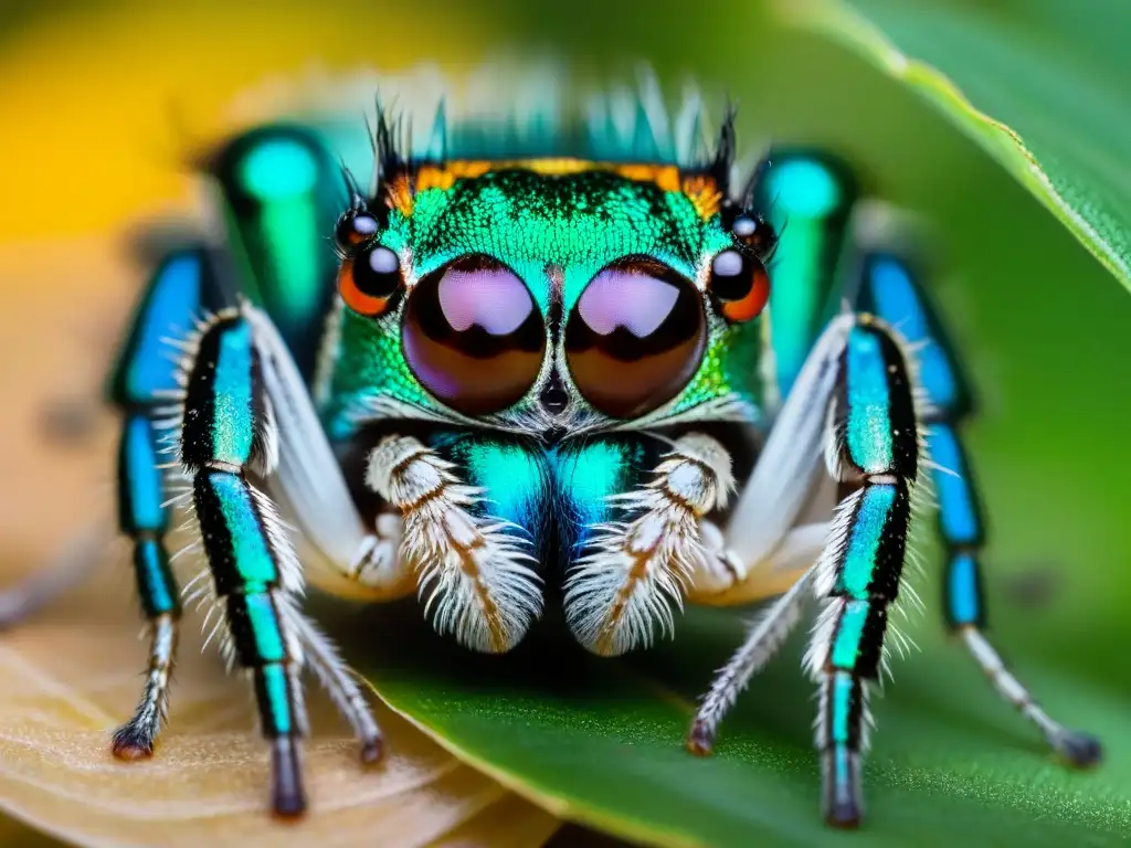 Aracnofobia: Maratus volans en detalle Un asombroso macro de un colorido saltarín Maratus volans en una hoja, destacando sus detalles y colores iridiscentes