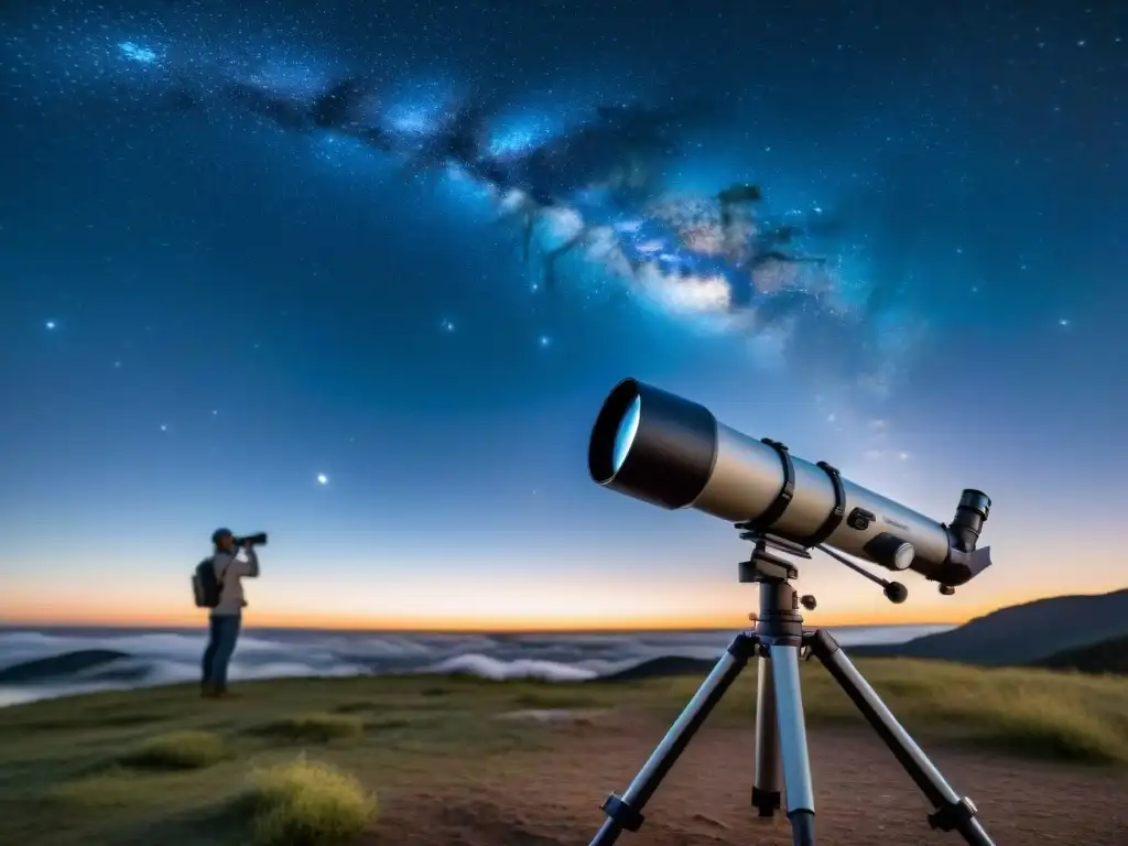 Telescopio portátil: Observando estrellas en camping Un astrónomo aficionado observa las estrellas con un telescopio portátil en un camping