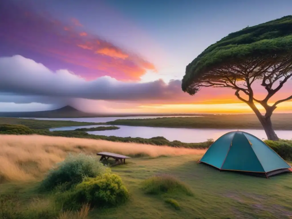 Campamento en la naturaleza: atardecer vibrante en Uruguay Un atardecer colorido en un camping tranquilo en Uruguay, ideal para GPS para camping en Uruguay