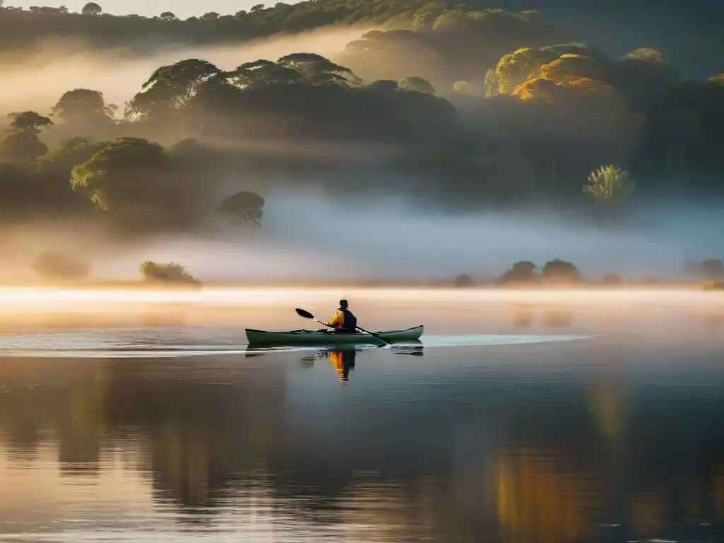 Puesta de sol dorada en río uruguayo: kayakista en calma Un atardecer dorado sobre un río en Uruguay, con un kayaker solitario
