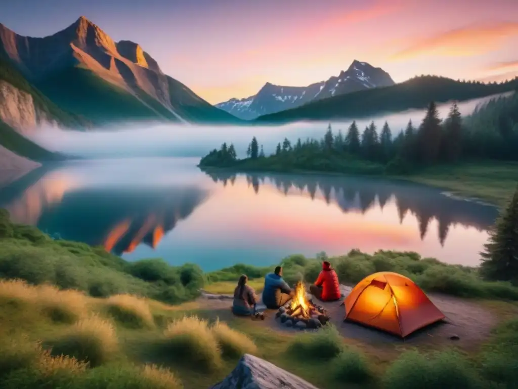Puesta de sol cautivadora en campamento junto al lago Un atardecer hipnotizante en un camping, con diversidad de campistas compartiendo historias alrededor de una fogata