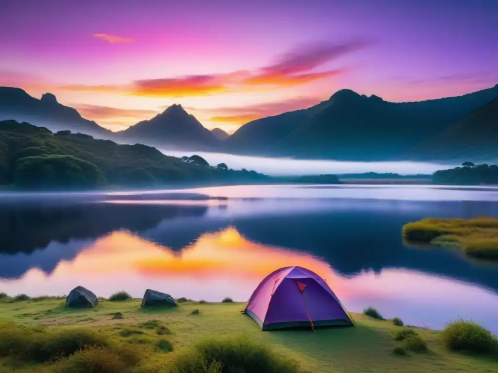 Espectacular atardecer en Uruguay: campamento junto al lago Un atardecer impresionante sobre un lago tranquilo en Uruguay, con tonos vibrantes de rosa, naranja y morado reflejándose en la superficie del agua