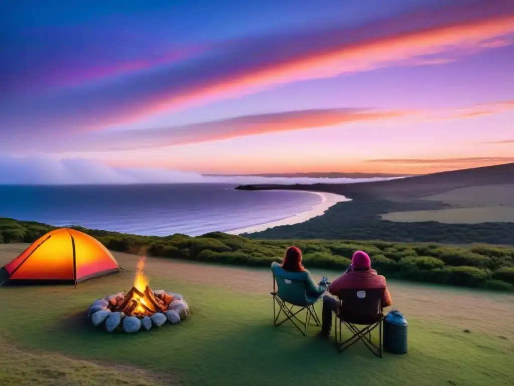 Camping en Uruguay: atardecer pintoresco con fogata y tienda 'Atardecer mágico en campamento de Uruguay con fogata, sillas y tienda, transmitiendo paz y belleza