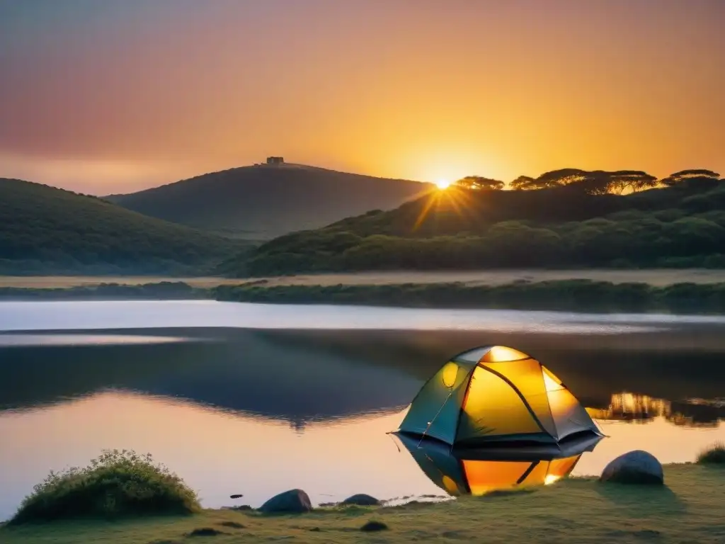Camping mágico en la hora dorada en Uruguay Un atardecer mágico en un camping de Uruguay, con una tienda iluminada y campistas disfrutando de la naturaleza