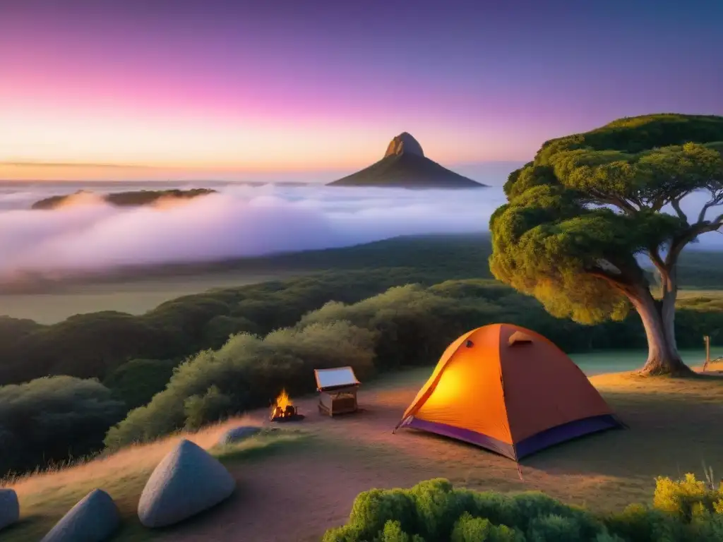 Atardecer dorado en camping de Uruguay: amigos disfrutan la magia Un atardecer mágico en un spot de acampada en Uruguay