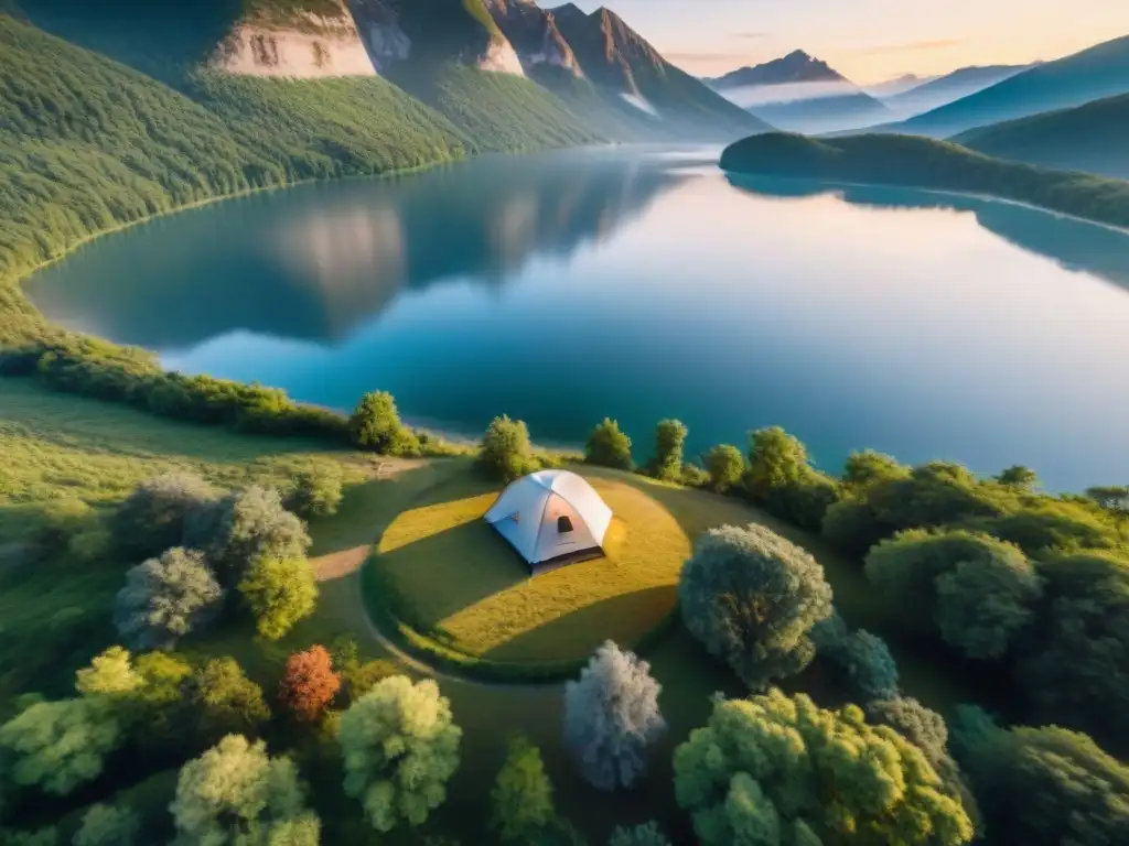 Exploración al atardecer: drone en camping sereno Un atardecer majestuoso en un camping sereno con un dron, reflejando la fusión de tecnología y naturaleza