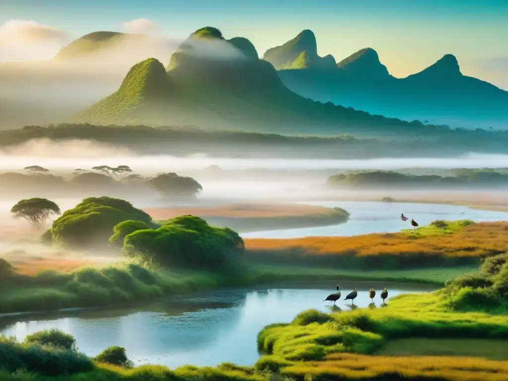 Esplendor natural en el Parque Nacional Esteros de Farrapos Atardecer en el Parque Nacional Esteros de Farrapos en Uruguay, con aves coloridas y capibaras