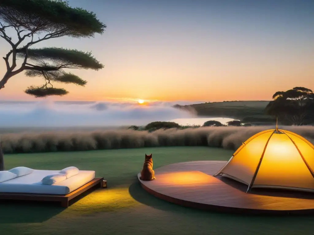 Sereno atardecer en lujoso glamping en Uruguay Atardecer sereno en glamping petfriendly en Uruguay, con lago reflejando los cálidos colores del sol poniente