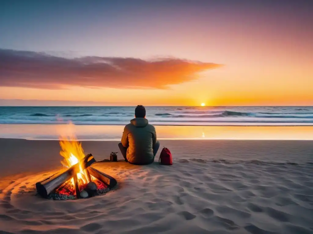 Tranquilo atardecer en playas de Uruguay con fogata Un atardecer sereno en playas de Uruguay, reflejando un cielo colorido sobre aguas tranquilas, con una persona frente a fogata y equipo de camping