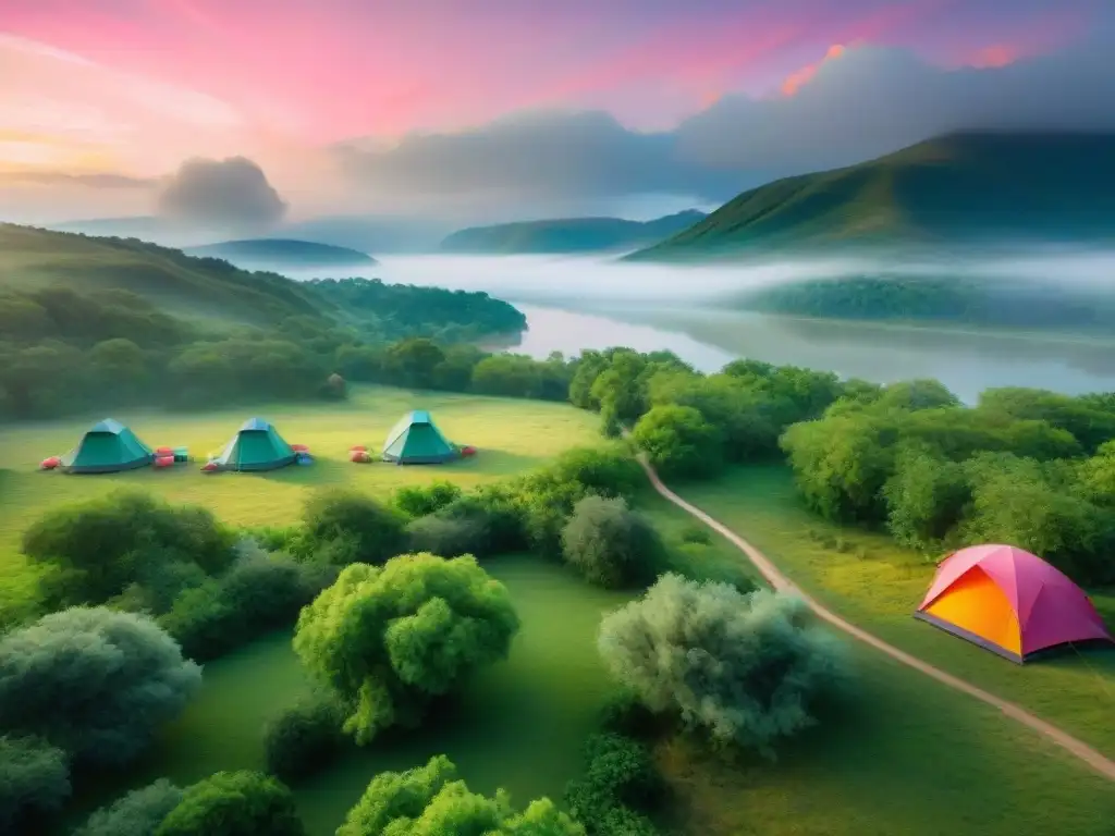 Campamento verde en colinas: atardecer pintoresco Atardecer vibrante en un camping entre colinas verdes, tiendas coloridas y río sereno