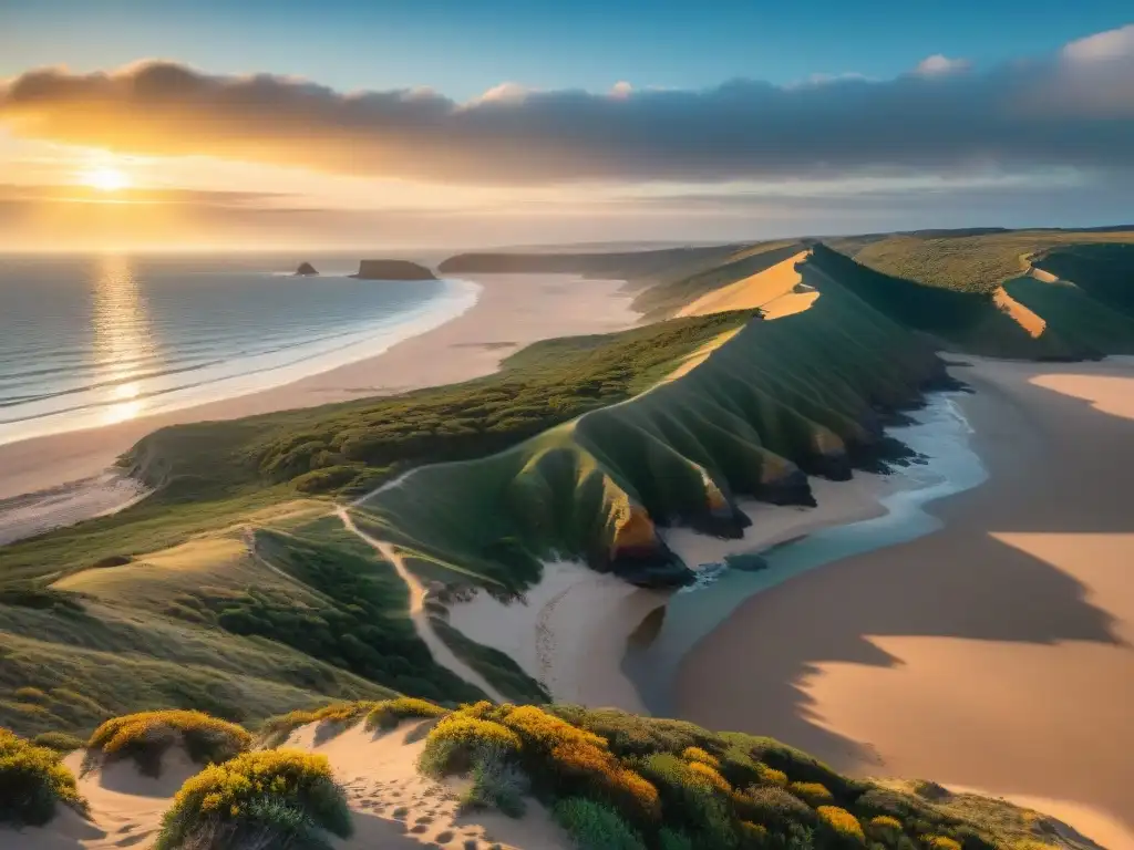 Paisaje salvaje y colorido en Parque Nacional Santa Teresa al atardecer Atardecer vibrante en Parque Nacional Santa Teresa Uruguay, costa salvaje, acantilados dramáticos y aves marinas