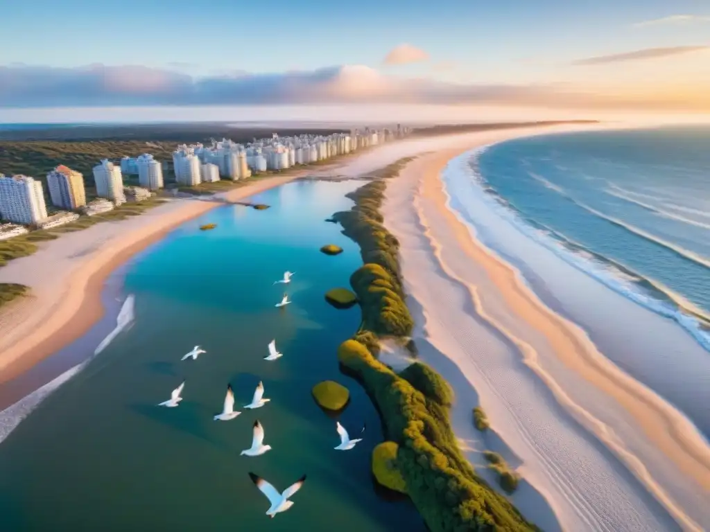 Puesta de sol en Punta del Este: colores vibrantes y belleza aérea Un atardecer vibrante en Punta del Este, Uruguay, con gaviotas en vuelo