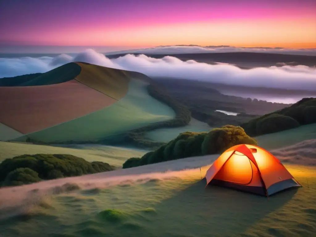 Campamento solitario al atardecer en Uruguay Un atardecer vibrante en Uruguay, donde un solitario campista arma su carpa en medio de la naturaleza