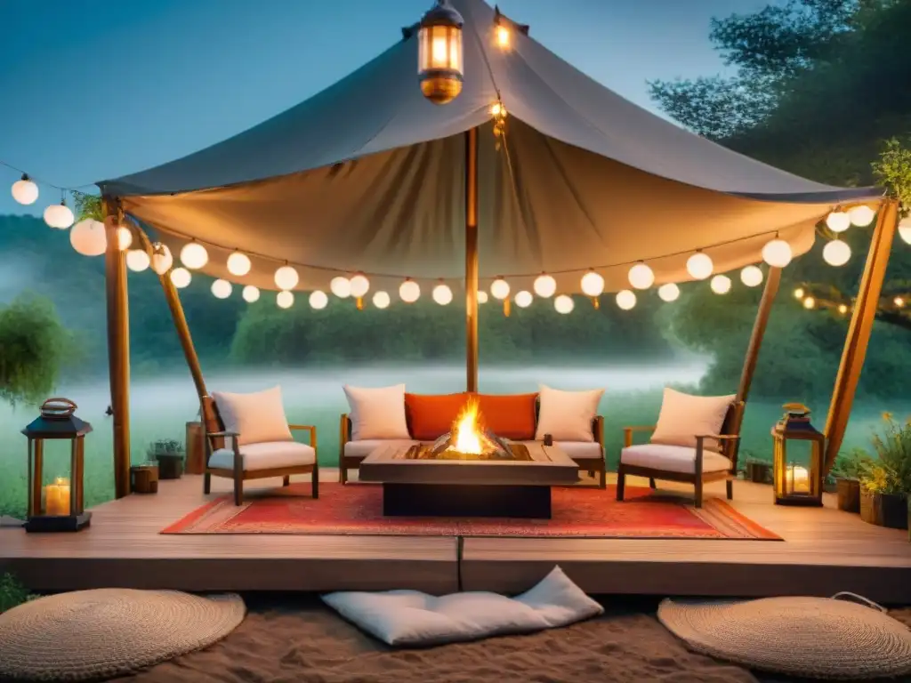 Experiencia de glamping de lujo entre la naturaleza exuberante Atmósfera de lujo en glamping con accesorios decoración campamento glamping