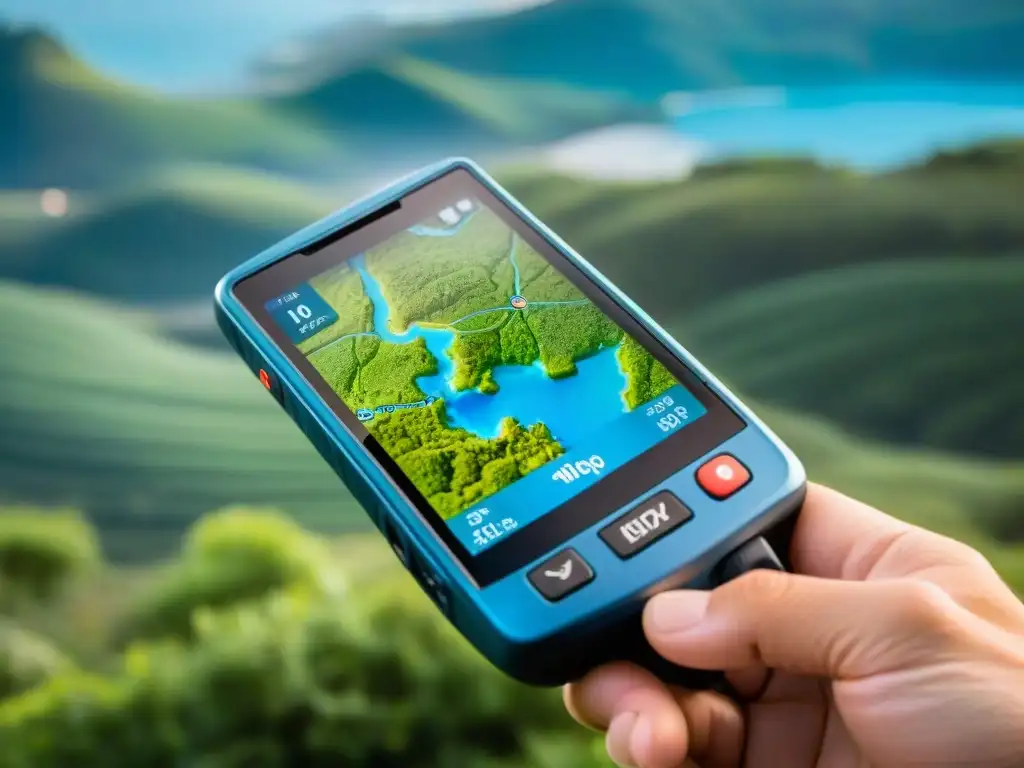 GPS de alta tecnología con mapa topográfico de Uruguay Un avanzado dispositivo GPS muestra un mapa topográfico de Uruguay con senderos de senderismo y campamentos resaltados