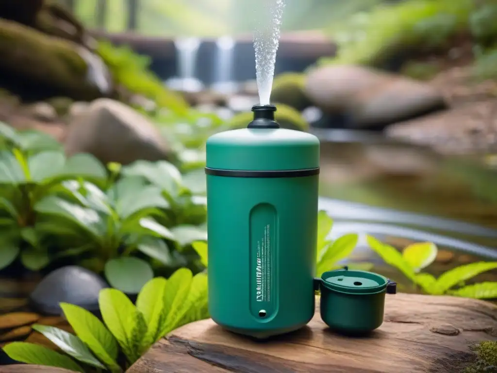 Filtro de agua portátil en acción en campamento sereno Avanzado filtro de agua en camping, brinda agua cristalina