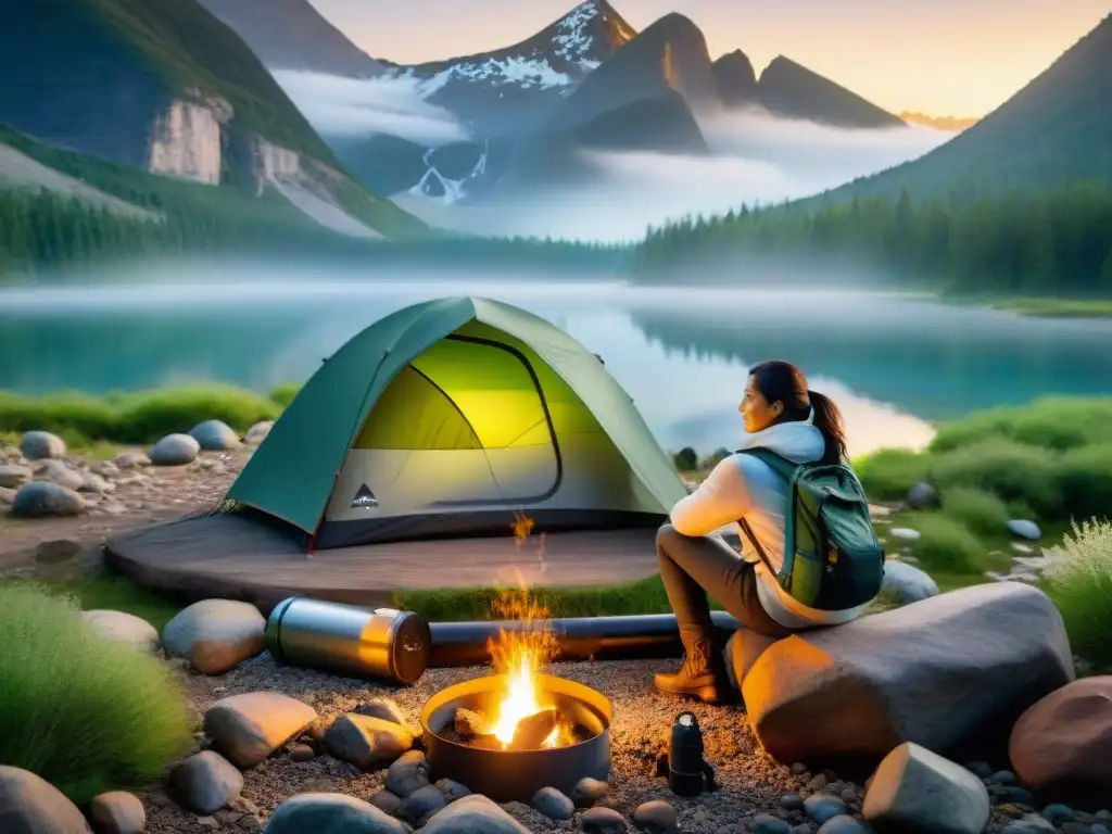 Escena de camping futurista con sistema de filtración de agua integrado Avanzado sistema de purificación de agua integrado en el camping, mostrando los beneficios de los sistemas de filtración en la naturaleza