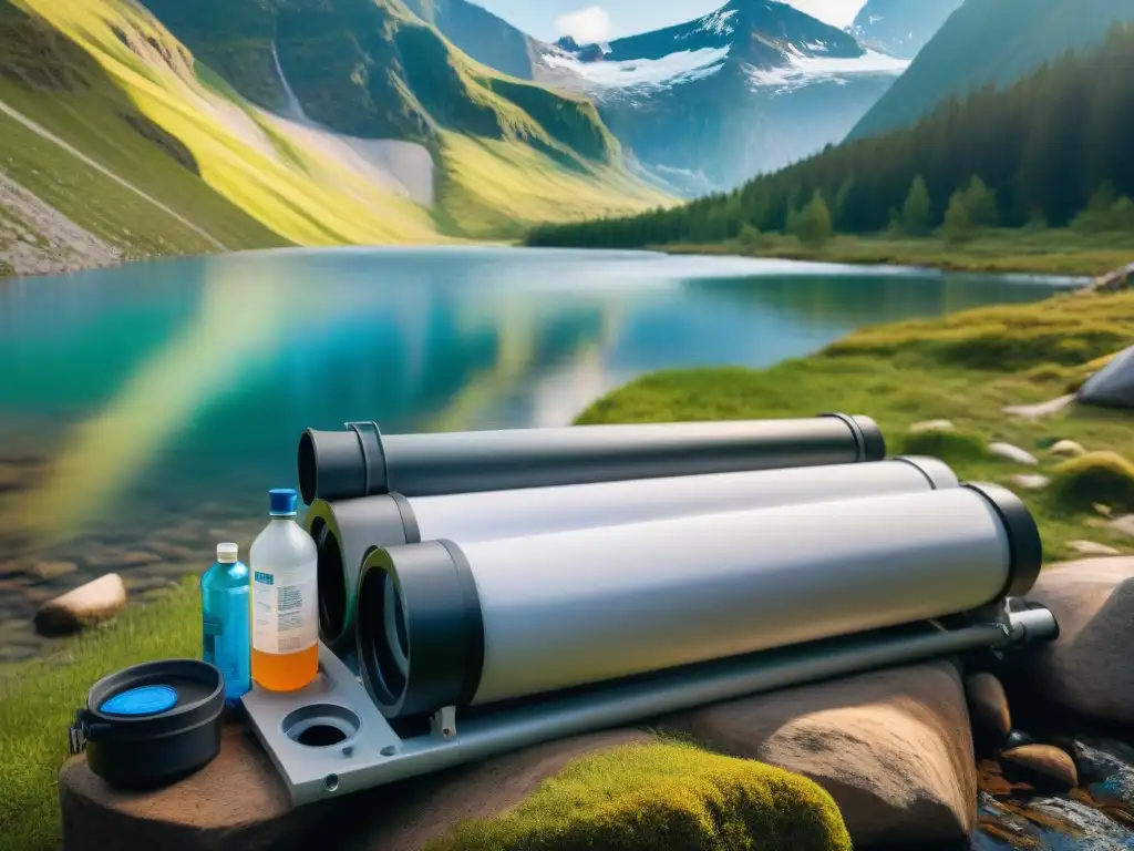 Avanzado sistema de filtración de agua en campamento natural Avanzado sistema de filtración de agua en un campamento, integrando tecnología y naturaleza