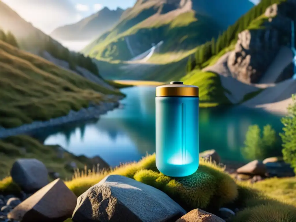 Filtro de agua compacto para camping: tecnología avanzada en acción Un avanzado sistema de filtración de agua para camping, con campistas disfrutando de agua purificada en un entorno natural