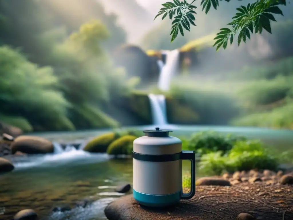 Filtro de agua de vanguardia en entorno natural Un avanzado sistema de filtración de agua en un entorno de camping tranquilo, rodeado de vegetación exuberante y un arroyo