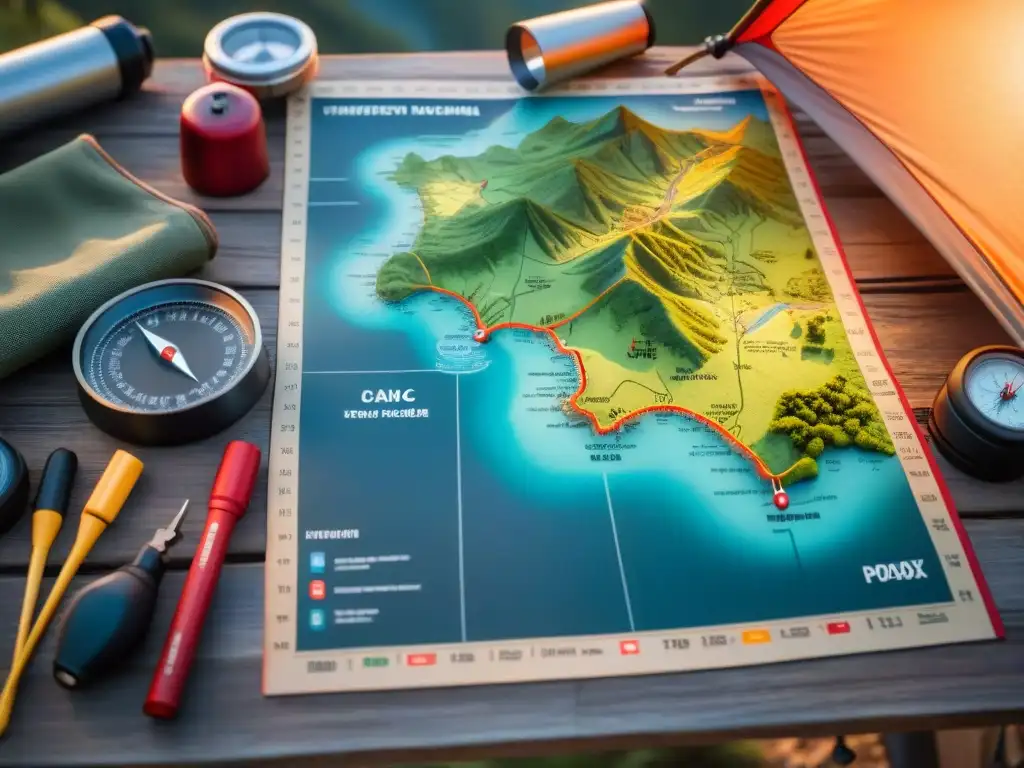 Preparativos para la aventura: mapa topográfico y herramientas de navegación Prepara tus aventuras: Herramientas de orientación para camping sobre mesa de madera con mapa detallado y accesorios de navegación