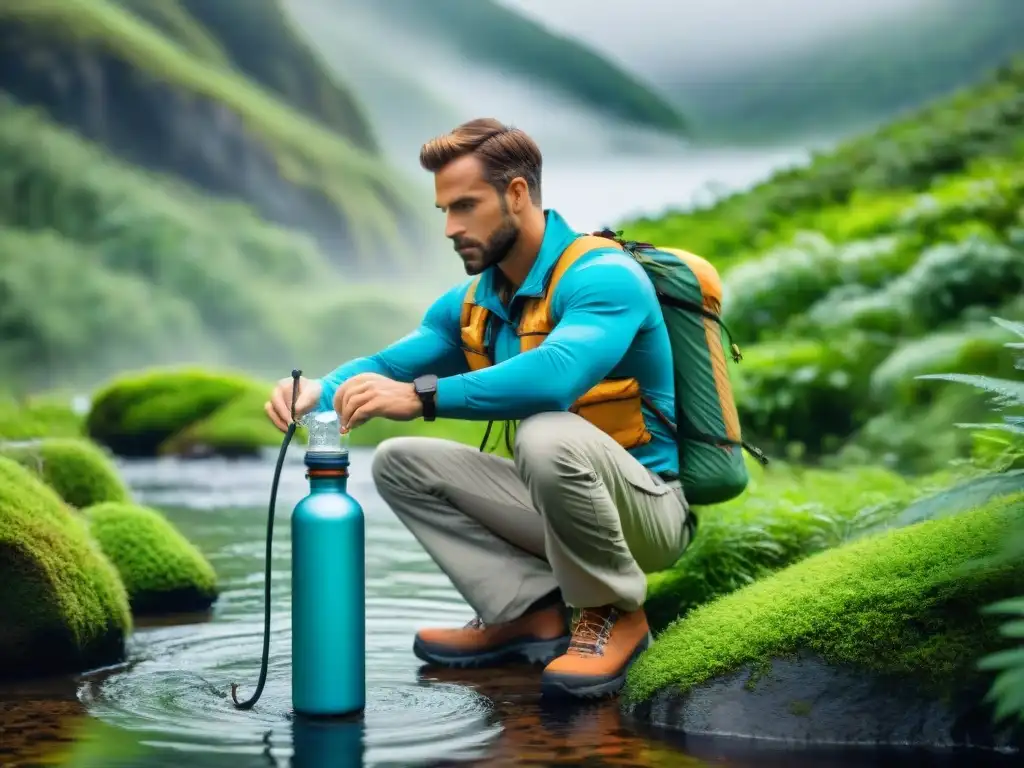 Filtración de agua en la naturaleza: guía práctica de supervivencia Un aventurero purificando agua en camping en un entorno natural sereno