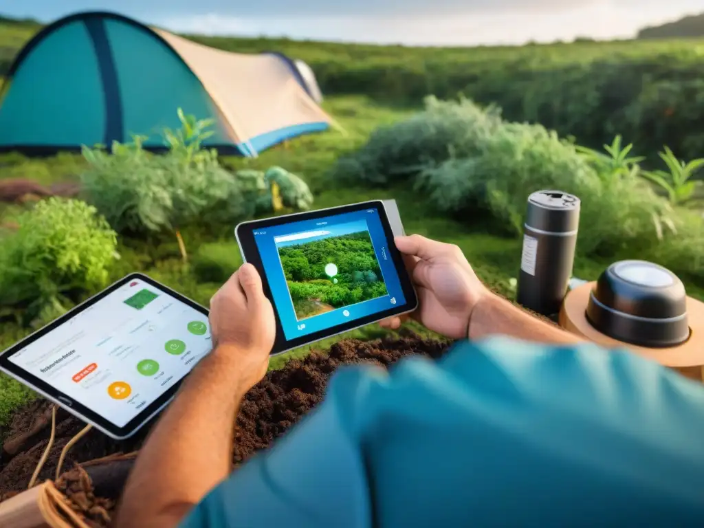 Acampando en Uruguay: Naturaleza, Tecnología y Sostenibilidad Un aventurero en un campamento eco en Uruguay usando apps ecocamping sostenible