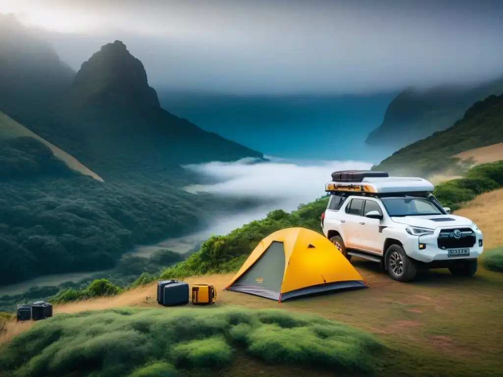 Campamento tecnológico en la naturaleza de Uruguay Un aventurero en la exuberante naturaleza de Uruguay rodeado de gadgets de alta tecnología para camping
