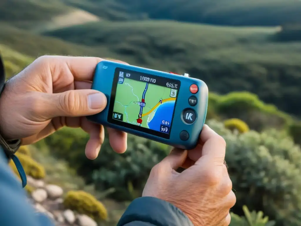 Explorador en Uruguay ajusta GPS en terreno agreste Un aventurero ajusta un GPS para camping en Uruguay, rodeado de naturaleza exuberante y cielo azul claro